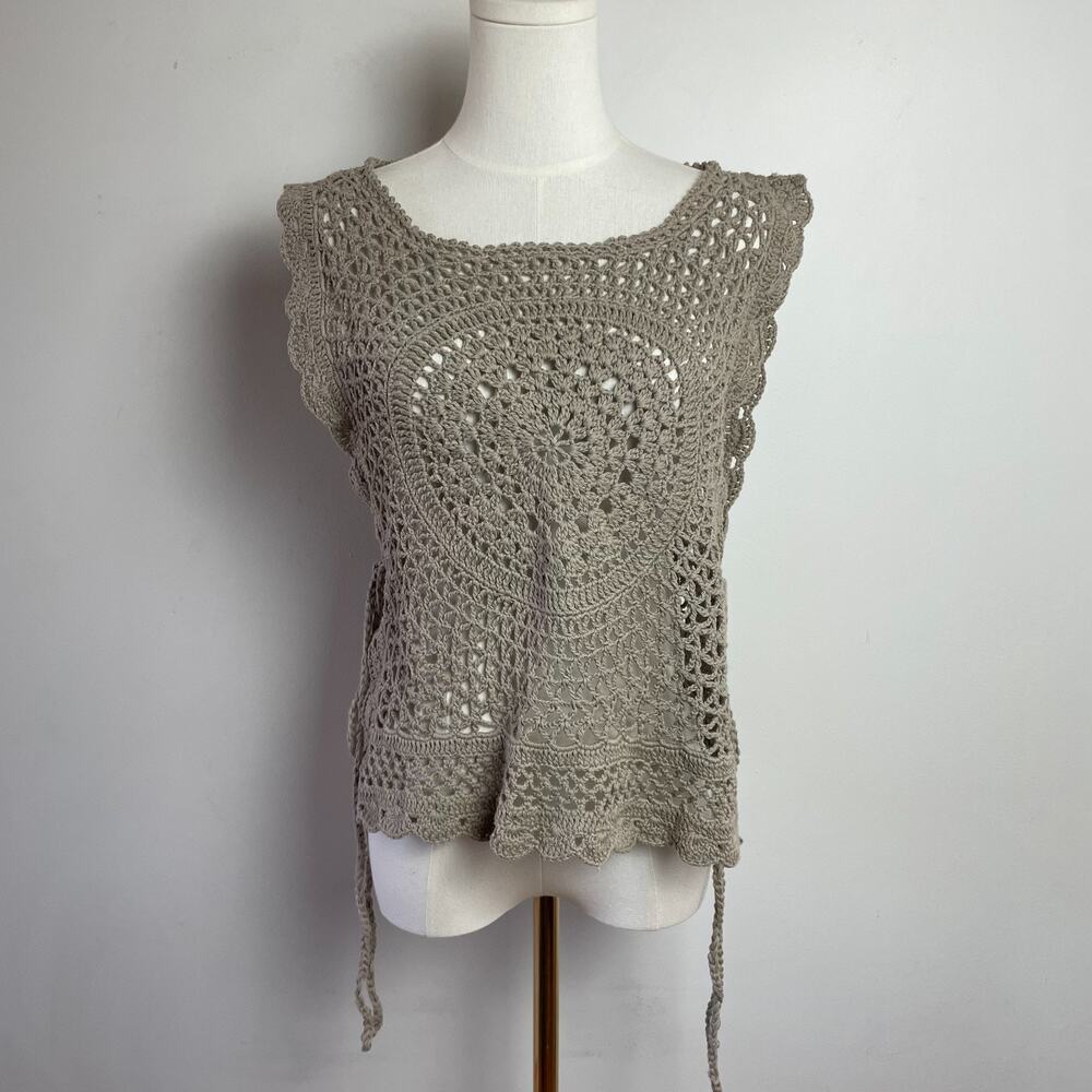 Crochet Open Weave Side Tie Top Small Boho Hippie Festival Earthy Retro Layering